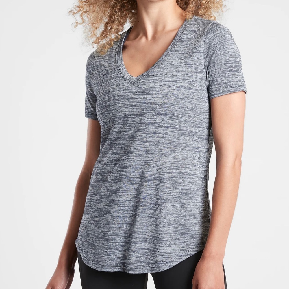 Athleta soft “Breezy Scoop” V-Neck Tee, Flint Heather, size M